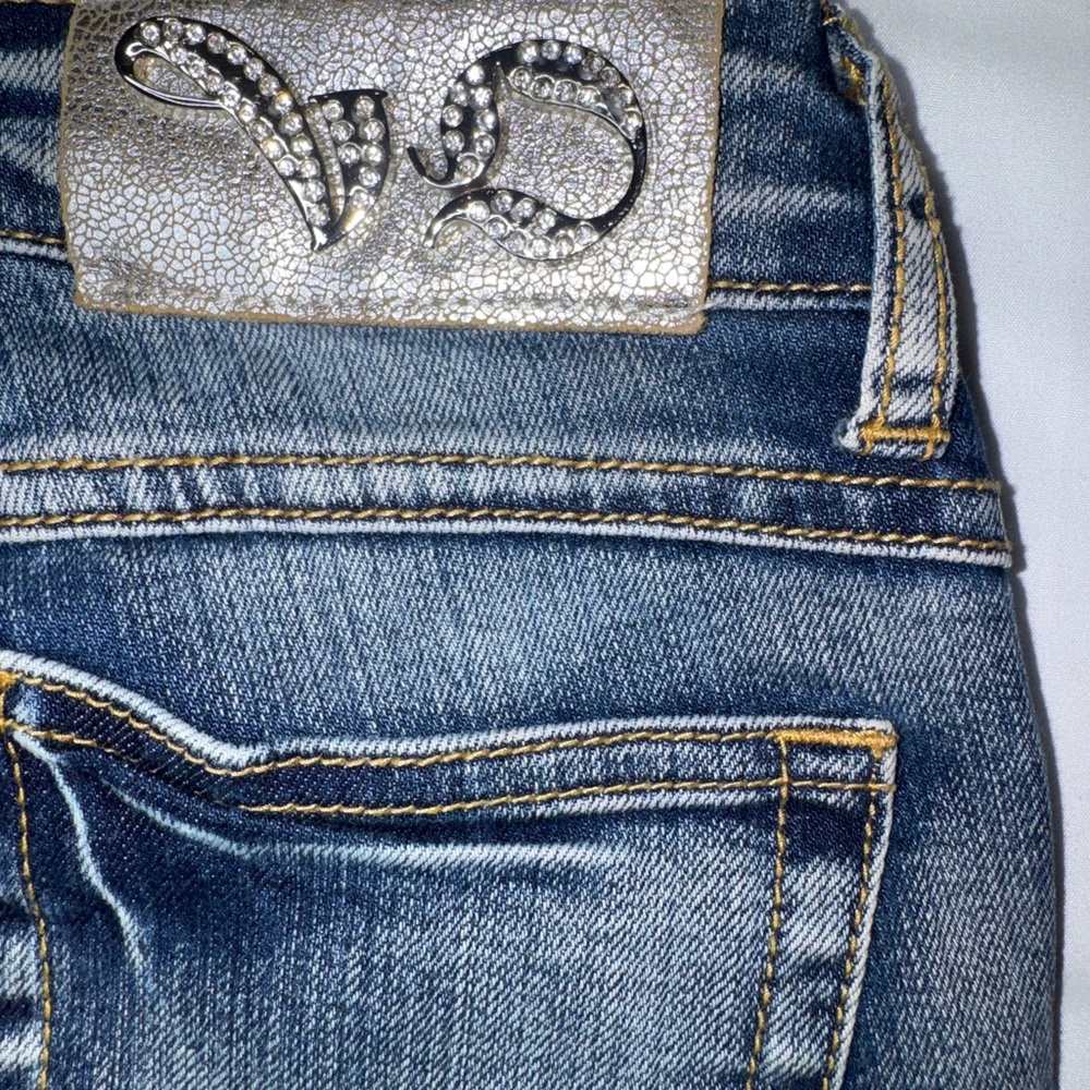 Virgin Only Y2K Low Rise Bootcut Flare Distressed Rhinestone Jeans Sz 25 - Picture 6 of 9